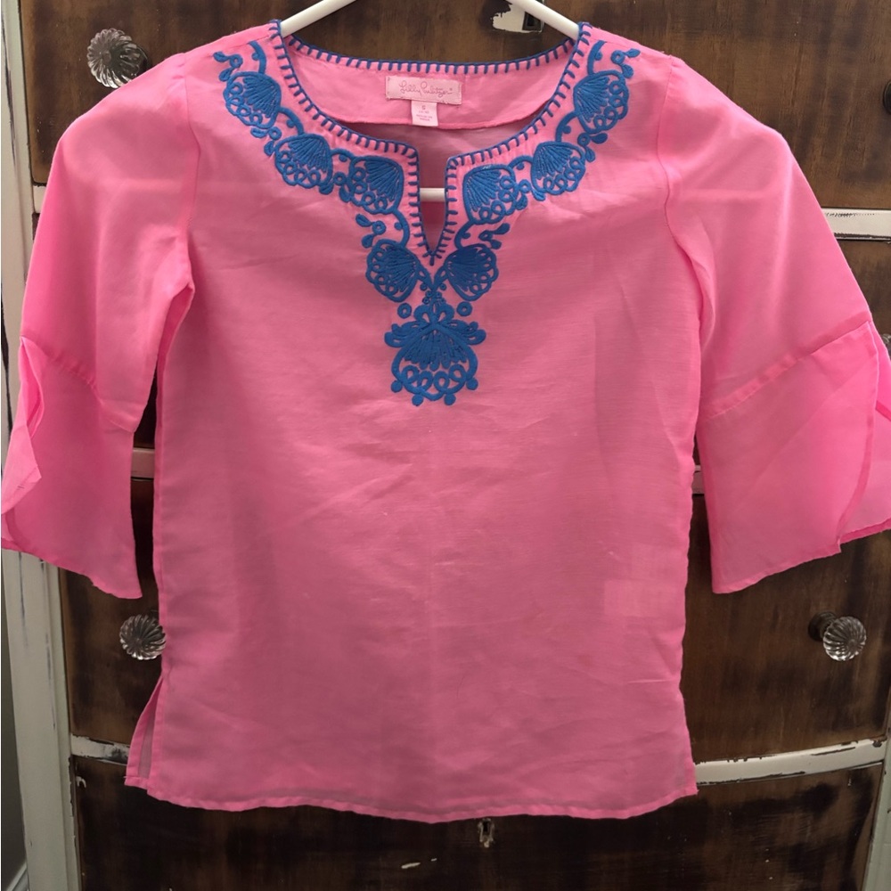 Lilly Pulitzer Pink Tunic with Blue Embroidery
